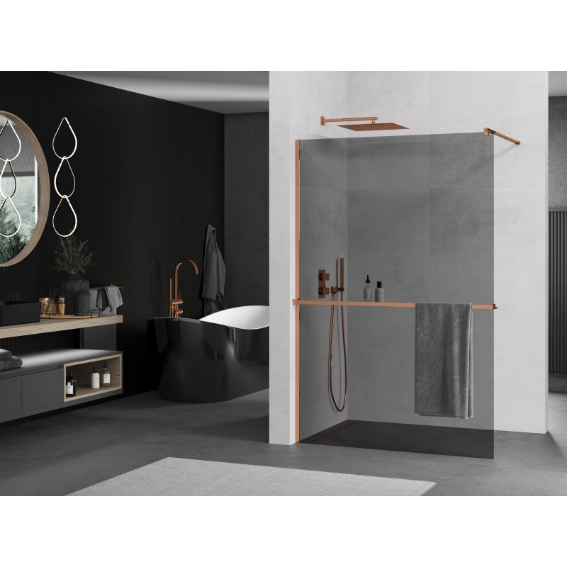 Mexen Kioto+ Duschwand mit Ablage Walk-in 90 x 200 cm, Graphit, Roségold - 800-090-121-60-40