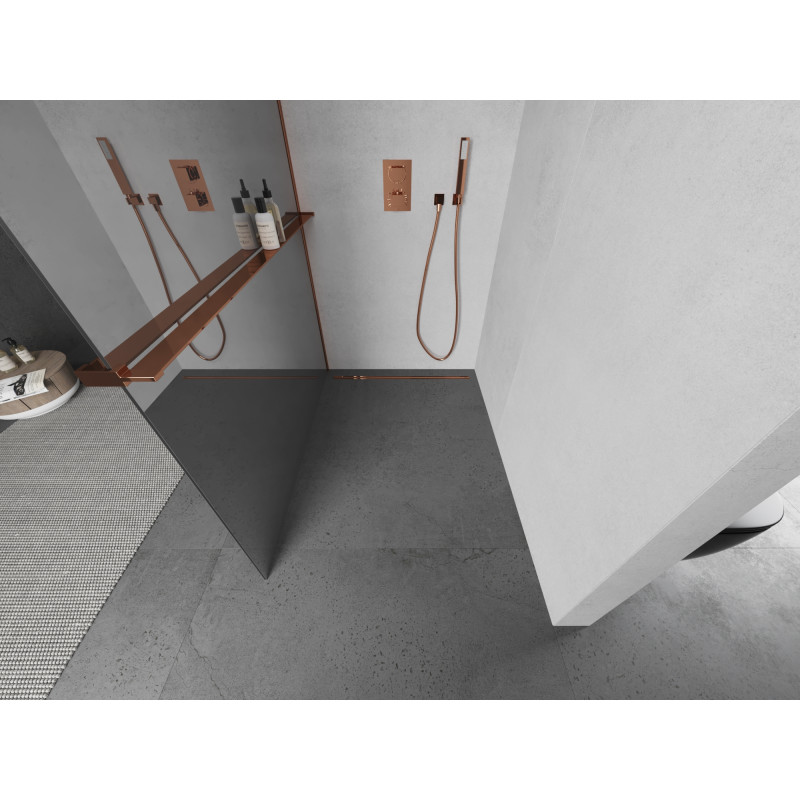Mexen Kioto+ Duschwand mit Regal Walk-in 100 x 200 cm, Spiegel, Roségold - 800-100-121-60-50