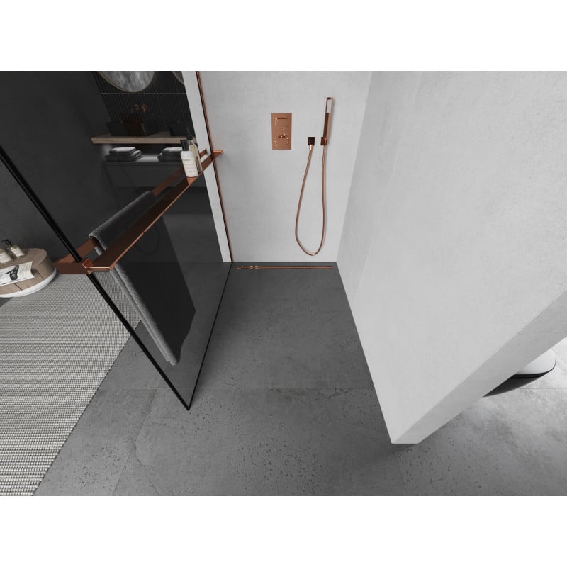 Mexen Kioto+ Duschwand mit Ablage Walk-in 70 x 200 cm, schwarzer Rahmen, Roségold - 800-070-121-60-70