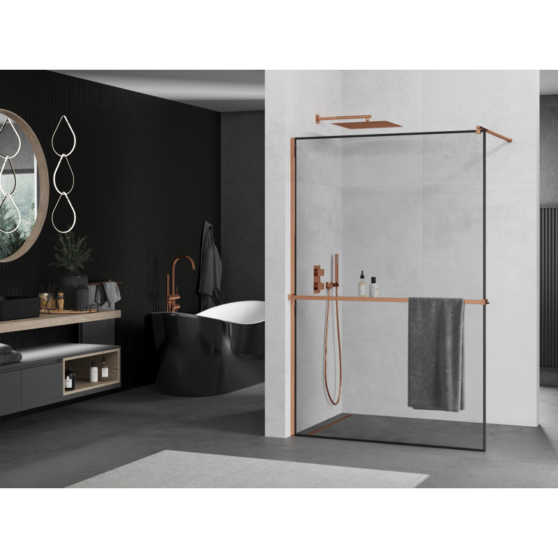 Mexen Kioto+ Duschwand mit Ablage Walk-in 90 x 200 cm, schwarzer Rahmen, Roségold - 800-090-121-60-70