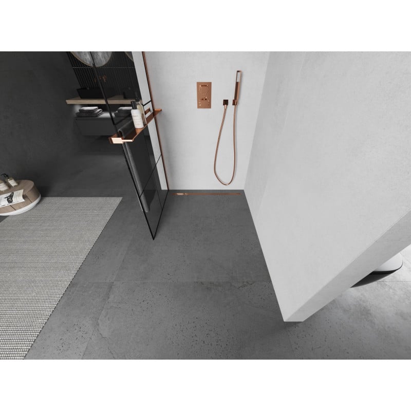 Mexen Kioto+ Duschwand mit Ablage Walk-in 90 x 200 cm, schwarzes Gitter, Roségold - 800-090-121-60-77