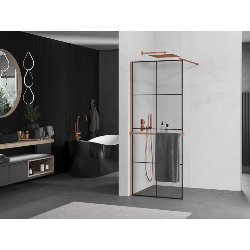 Mexen Kioto+ Duschwand mit Ablage Walk-in 90 x 200 cm, schwarzes Gitter, Roségold - 800-090-121-60-77