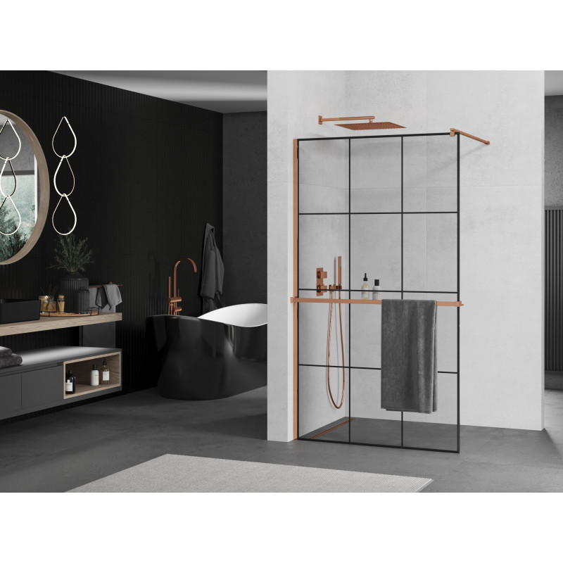 Mexen Kioto+ Duschwand mit Regal Walk-in 110 x 200 cm, schwarzes Gitter, Roségold - 800-110-121-60-77