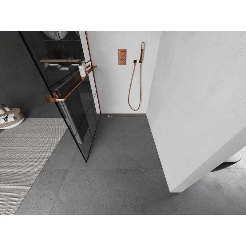 Mexen Kioto+ Duschwand mit Ablage Walk-in 120 x 200 cm, schwarzes Gitter, Roségold - 800-120-121-60-77