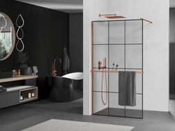 Mexen Kioto+ Duschwand mit Ablage Walk-in 120 x 200 cm, schwarzes Gitter, Roségold - 800-120-121-60-77