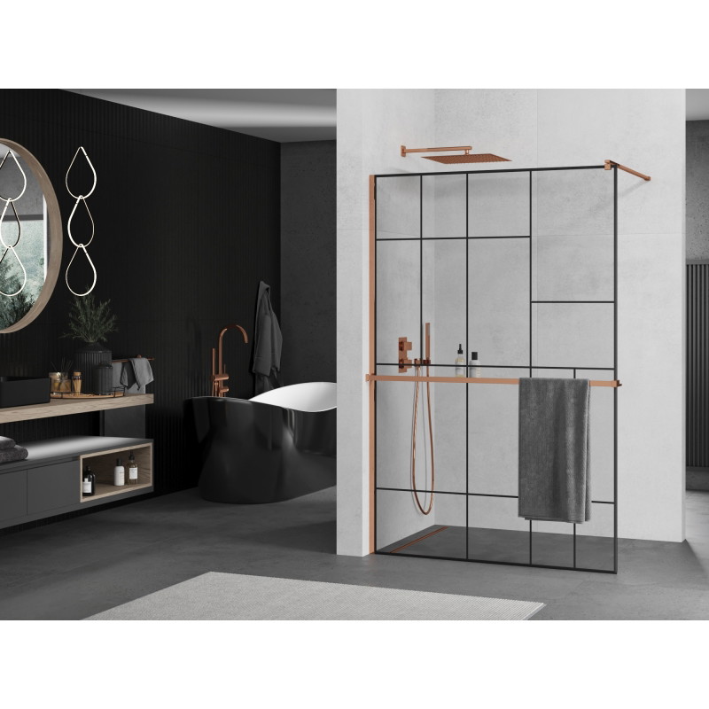 Mexen Kioto+ Duschtür mit Regal, Walk-in 90 x 200 cm, schwarzes Muster, Roségold - 800-090-121-60-78