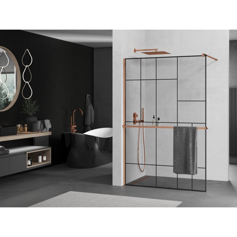 Mexen Kioto+ Duschwand mit Ablage Walk-in 110 x 200 cm, schwarzes Muster, Roségold - 800-110-121-60-78