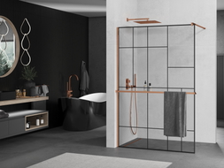 Mexen Kioto+ Duschwand mit Ablage Walk-in 110 x 200 cm, schwarzes Muster, Roségold - 800-110-121-60-78
