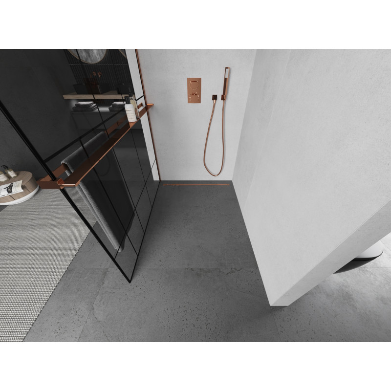 Mexen Kioto+ Duschwand mit Regal Walk-in 120 x 200 cm, schwarzes Muster, Roségold - 800-120-121-60-78