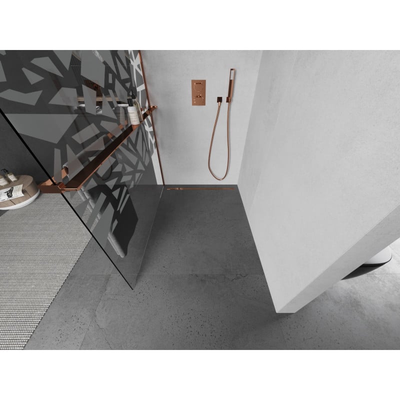Mexen Kioto+ Duschwand mit Regal Walk-in 100 x 200 cm, weißes Muster, Roségold - 800-100-121-60-85