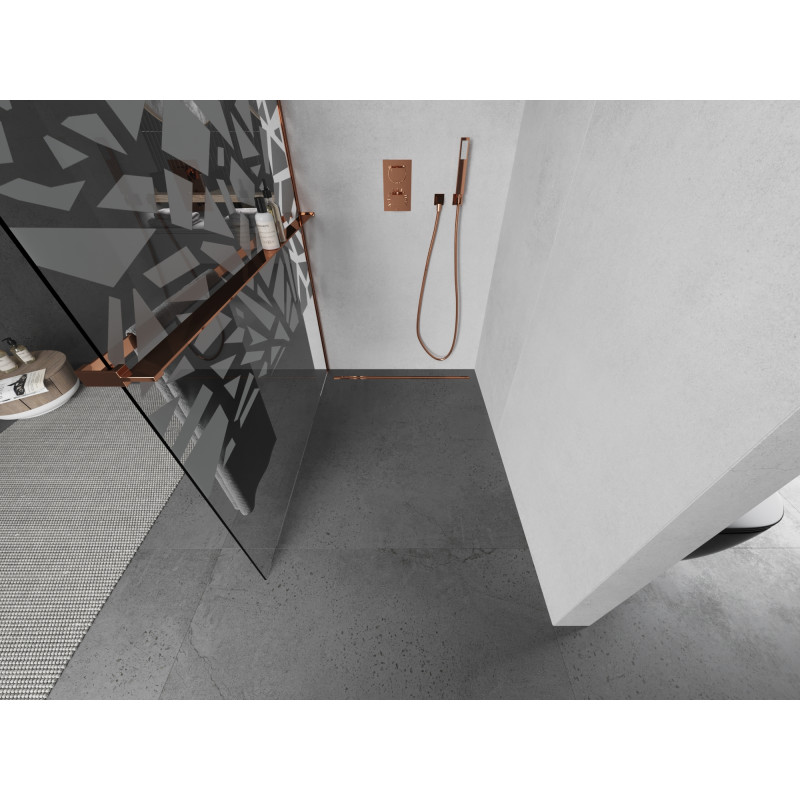 Mexen Kioto+ Duschwand mit Regal Walk-in 130 x 200 cm, weißes Muster, Roségold - 800-130-121-60-85
