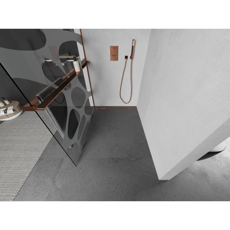 Mexen Kioto+ Duschwand mit Regal Walk-in 140 x 200 cm, weiße Welle, Roségold - 800-140-121-60-97