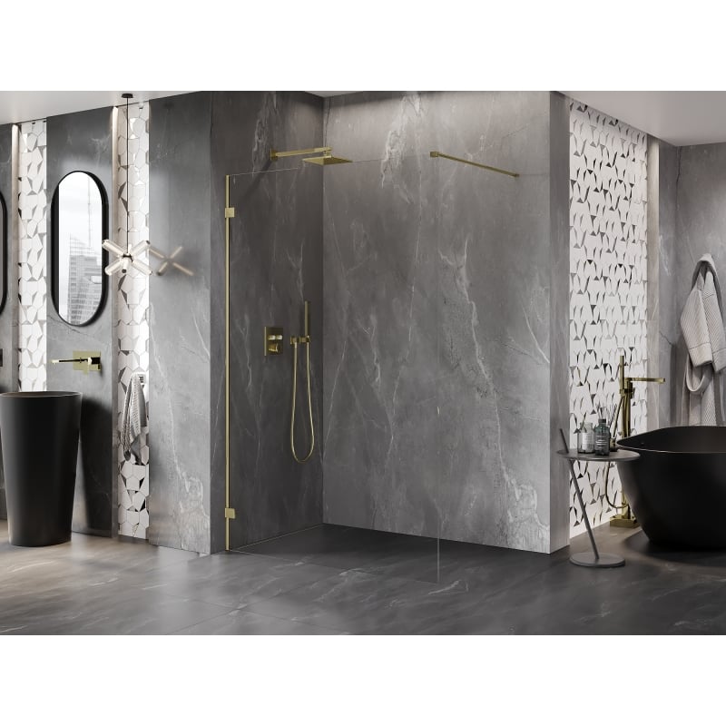 Mexen Lunar Duschwand Walk-in links 90 x 200 cm, transparent 8 mm, gold - 830-090-000-50-00-L