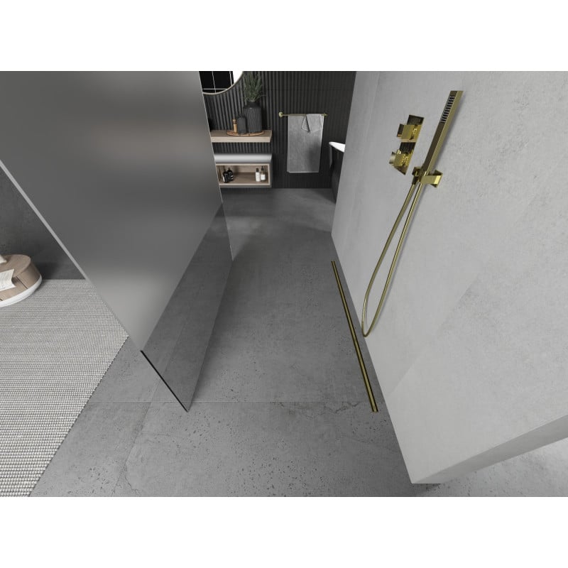 Mexen Kioto freistehende Duschwand 100 x 200 cm, transparent/matt 8 mm, gold - 800-100-002-50-35