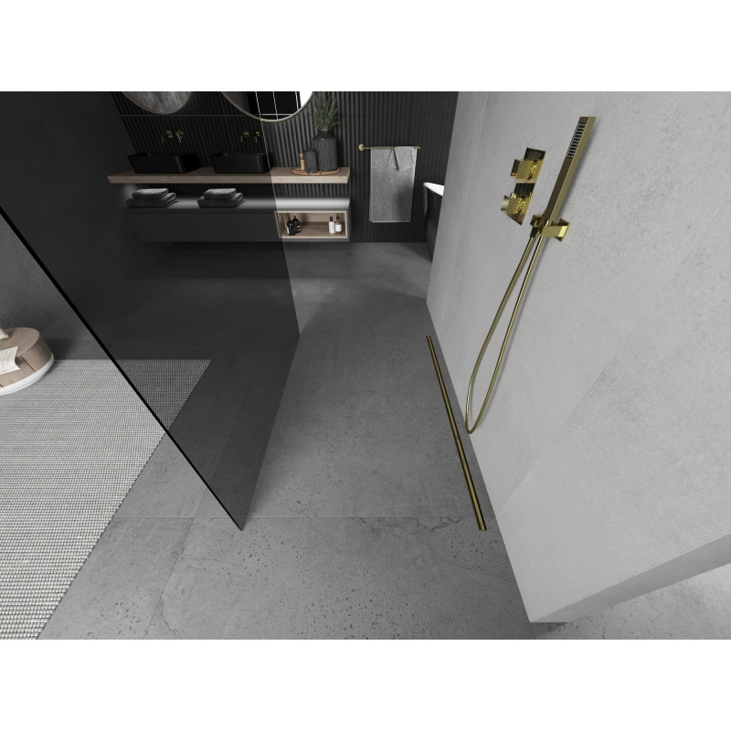 Mexen Kioto freistehende Duschwand 100 x 200 cm, Graphit 8 mm, Gold - 800-100-002-50-40
