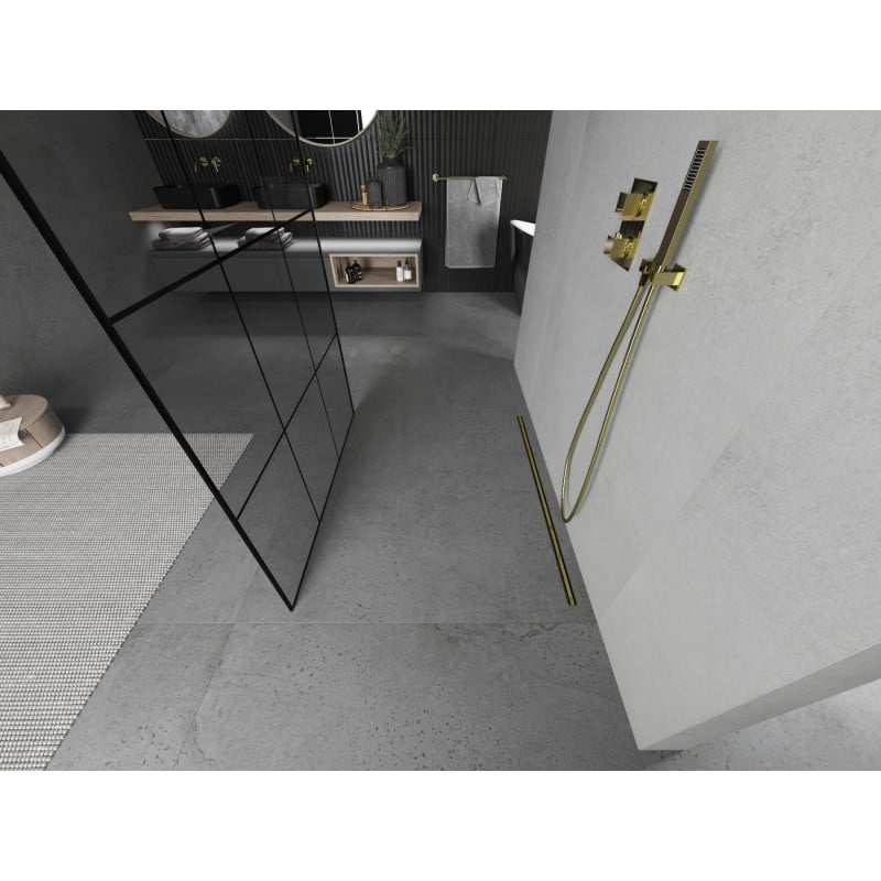 Mexen Kioto Freistehende Duschwand 110 x 200 cm, schwarzes Gitter 8 mm, Gold - 800-110-002-50-77