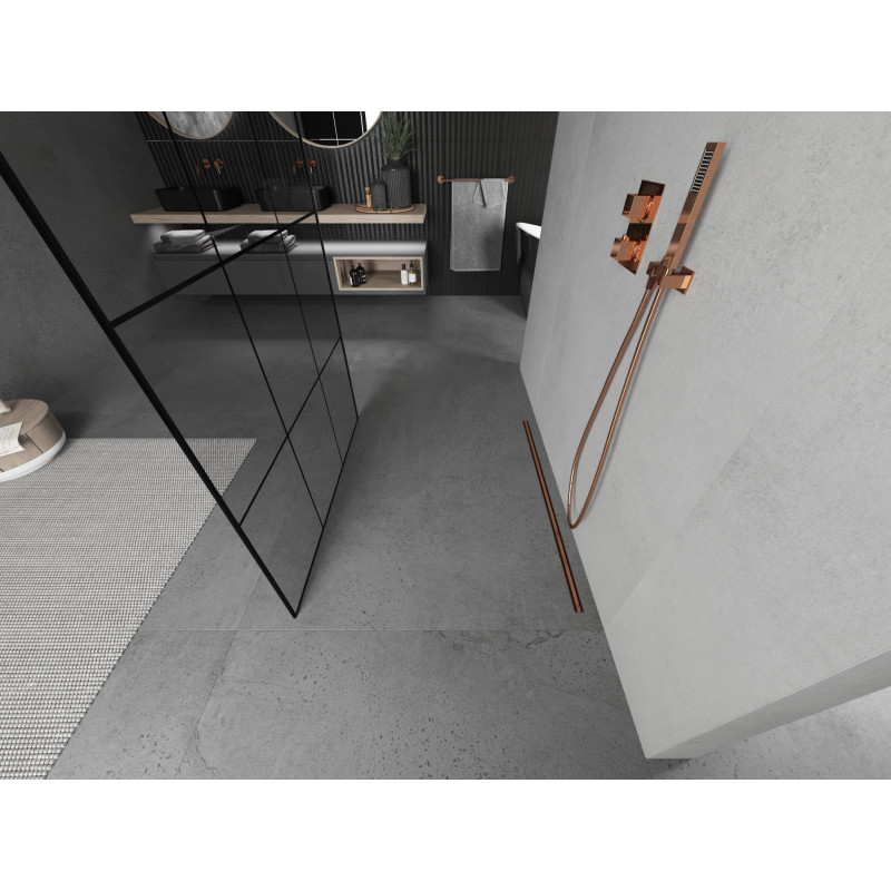 Mexen Kioto Freistehende Duschwand 100 x 200 cm, schwarzes Gitter 8 mm, Roségold - 800-100-002-60-77