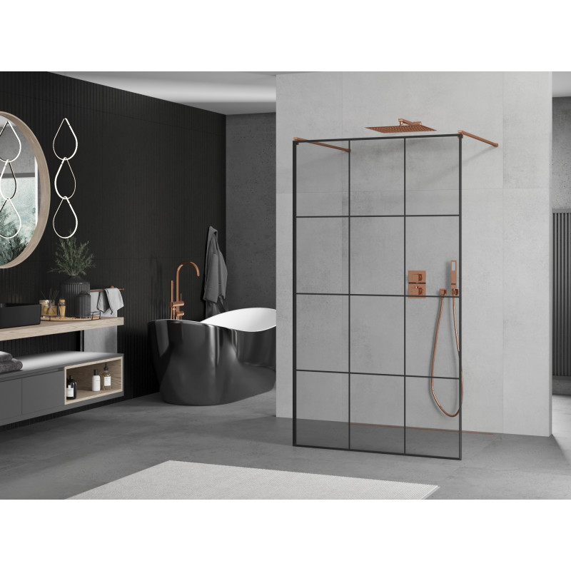 Mexen Kioto Freistehende Duschwand 100 x 200 cm, schwarzes Gitter 8 mm, Roségold - 800-100-002-60-77