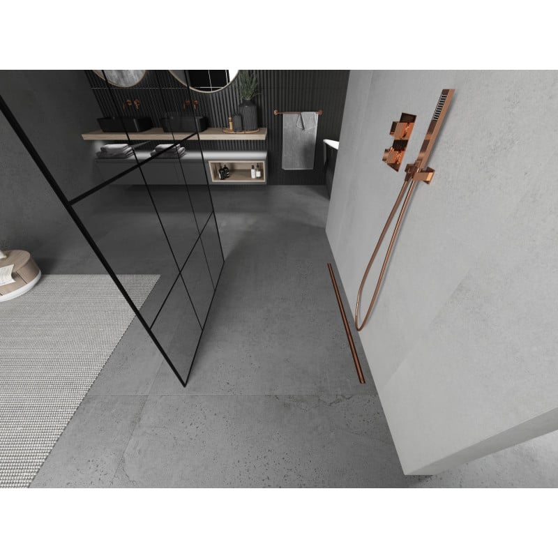 Mexen Kioto Freistehende Duschwand 110 x 200 cm, schwarzes Gitter 8 mm, Roségold - 800-110-002-60-77