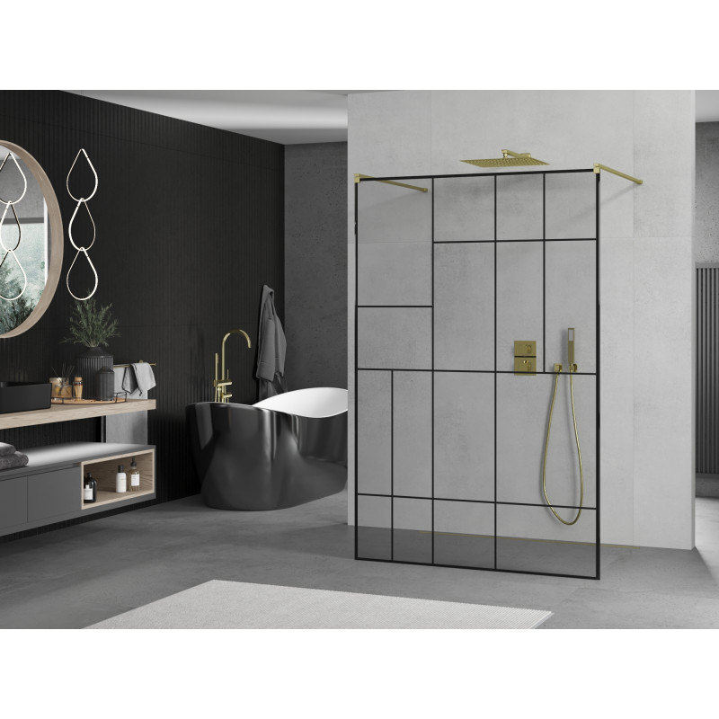 Mexen Kioto freistehende Duschwand 130 x 200 cm, schwarzes Muster 8 mm, gold - 800-130-002-50-78