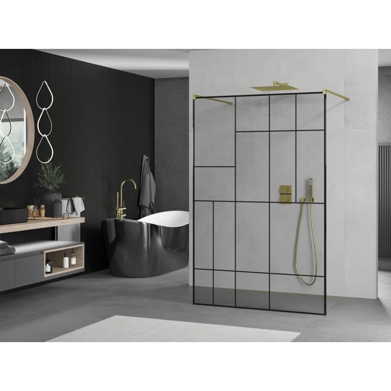 Mexen Kioto freistehende Duschwand 140 x 200 cm, schwarzes Muster 8 mm, gold - 800-140-002-50-78