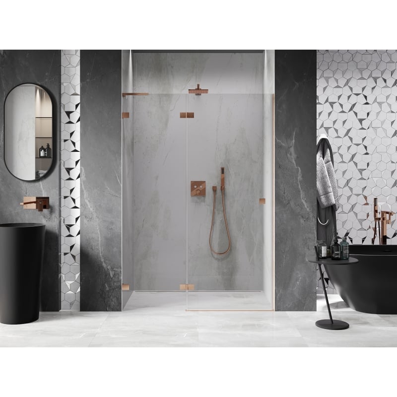Mexen Lunar L Duschdrehtür links 135 cm, transparent, gebürstetes Kupfer - 834L-135-000-65-00-L