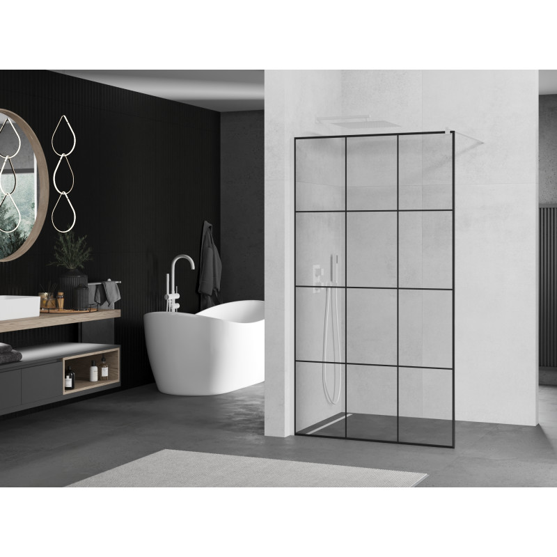 Mexen Kioto Walk-in Duschwand 100 x 200 cm, schwarzes Gitter 8 mm, weiß - 800-100-101-20-77