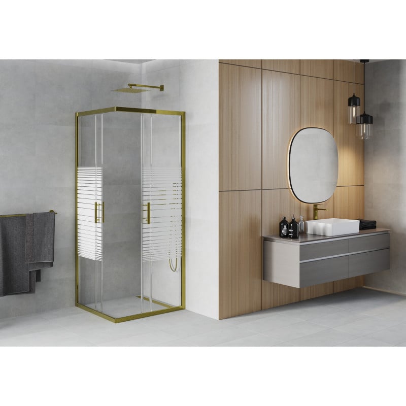 Mexen Rio quadratische Duschkabine 70 x 70 cm, weiße Streifen, Gold - 860-070-070-50-20