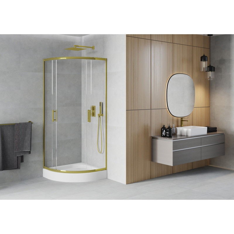 Mexen Rio Halbrunde Duschkabine 80 x 80 cm, transparent, gold + Duschwanne, weiß - 863-080-080-50-00-4710