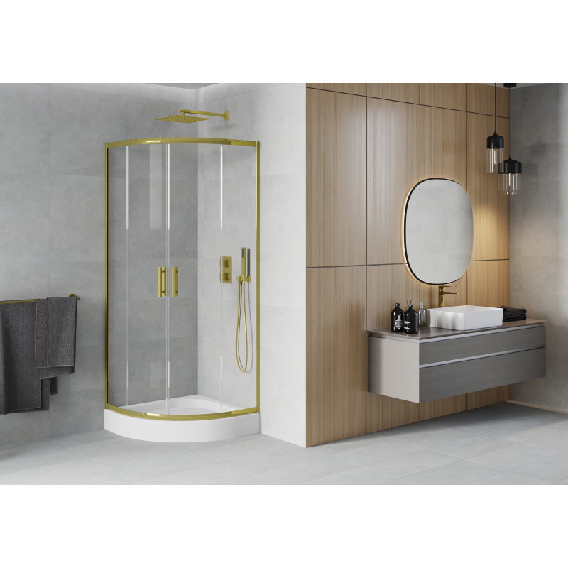 Mexen Rio duschkabine halbrund 90 x 90 cm, transparent, gold + duschwanne, weiß - 863-090-090-50-00-4710