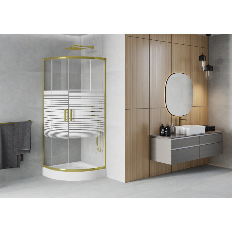 Mexen Rio Halbrunde Duschkabine 90 x 90 cm, weiße Streifen, Gold + Duschwanne, weiß - 863-090-090-50-20-4710