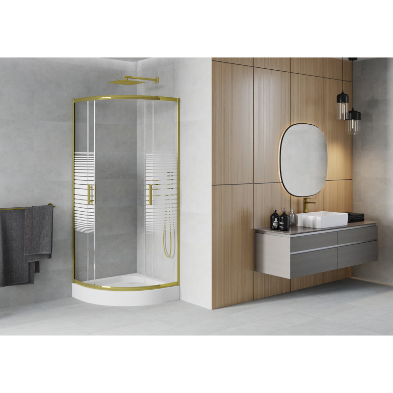 Mexen Rio Halbrunde Duschkabine 90 x 90 cm, weiße Streifen, Gold + Duschwanne, weiß - 863-090-090-50-20-4710