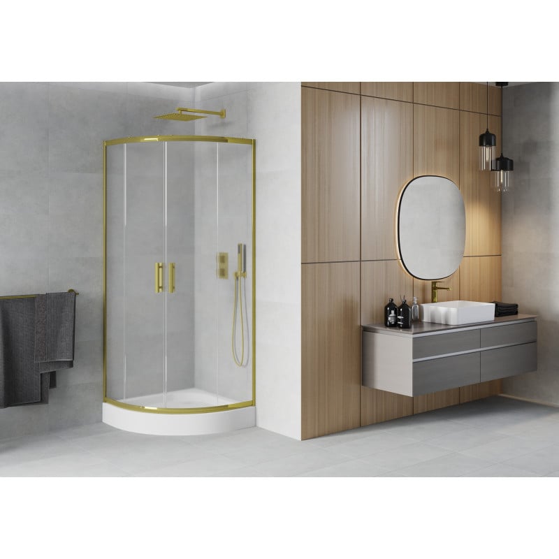 Mexen Rio Duschkabine halbrund 80 x 80 cm, satiniert, gold + Duschwanne Rio, weiß - 863-080-080-50-30-4710
