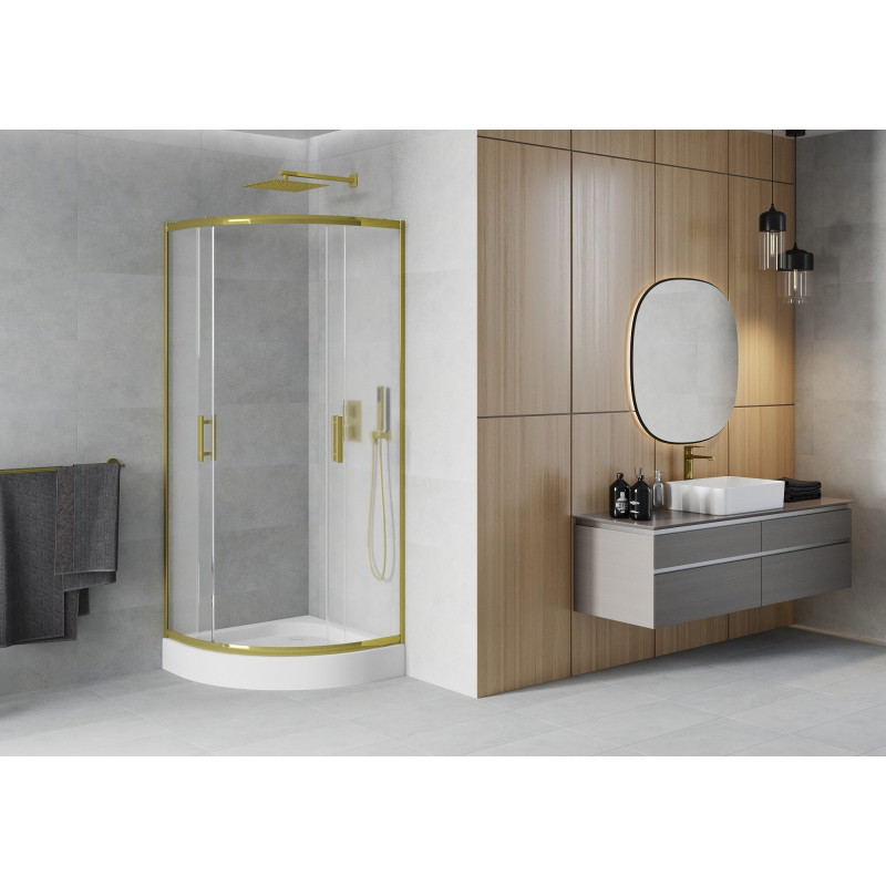 Mexen Rio Duschkabine halbkreisförmig 90 x 90 cm, Mattglas, Gold + Duschwanne, Weiß - 863-090-090-50-30-4710
