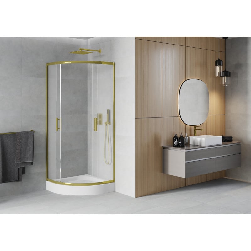 Mexen Rio Duschkabine halbrund 90 x 90 cm, mattiert, gold + Rio Duschwanne, weiß - 863-090-090-50-30-4710