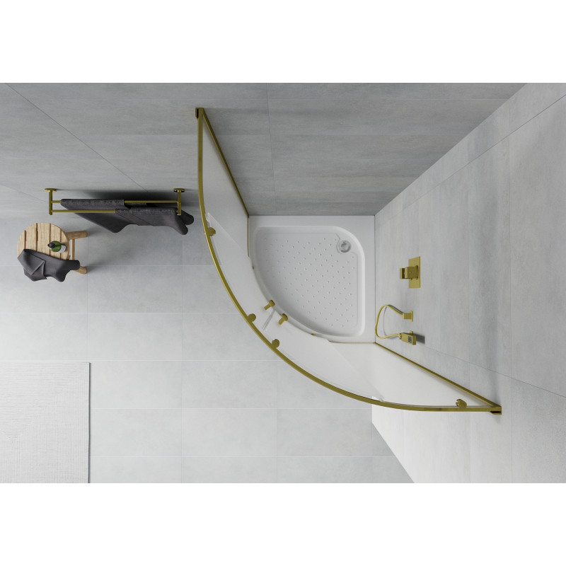 Mexen Rio Duschkabine halbkreisförmig 90 x 90 cm, matt, gold + Duschwanne, weiß - 863-090-090-50-30-4710