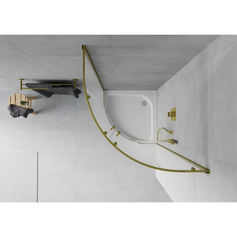 Mexen Rio Duschkabine halbrund 90 x 90 cm, mattiert, gold + Rio Duschwanne, weiß - 863-090-090-50-30-4710
