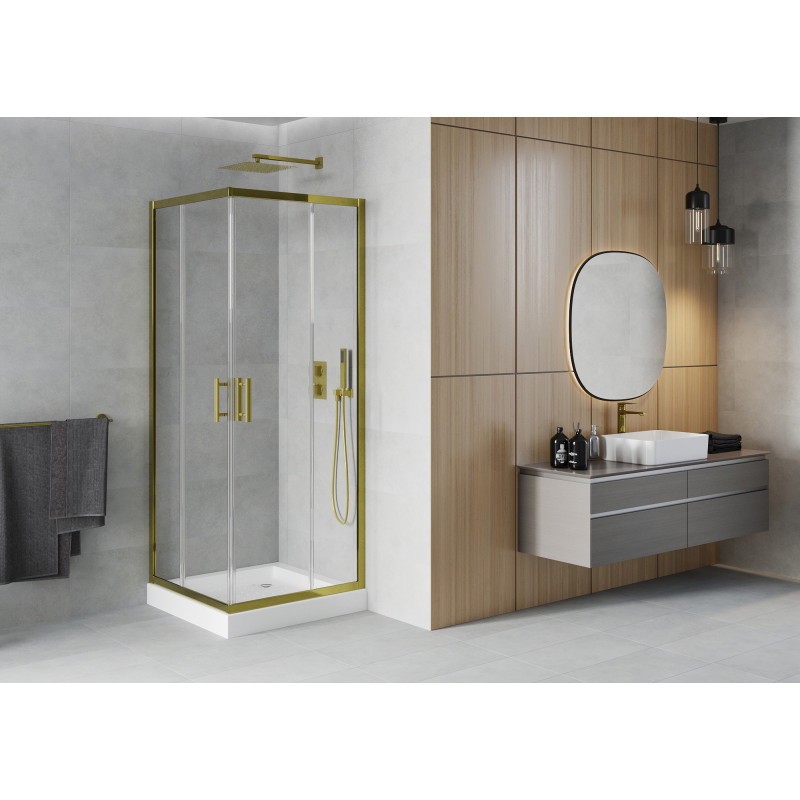 Mexen Rio quadratische Duschkabine 80 x 80 cm, transparent, gold + Duschwanne, weiß - 860-080-080-50-00-4510