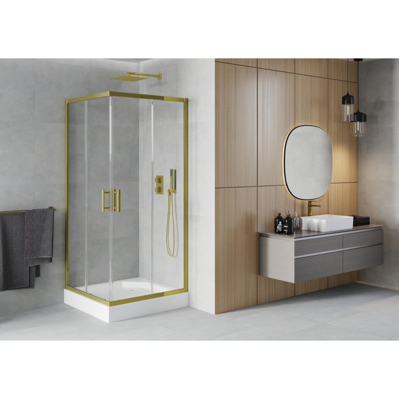 Mexen Rio Duschkabine quadratisch 90 x 90 cm, transparent, gold + Duschwanne Rio, weiß - 860-090-090-50-00-4510
