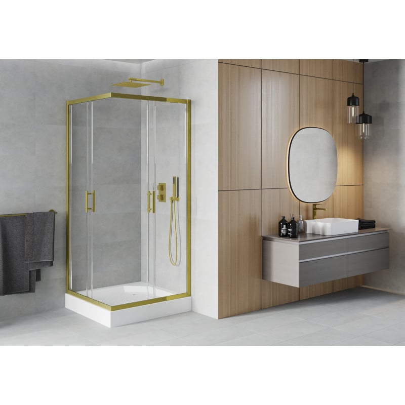Mexen Rio Duschkabine quadratisch 90 x 90 cm, transparent, gold + Duschwanne Rio, weiß - 860-090-090-50-00-4510
