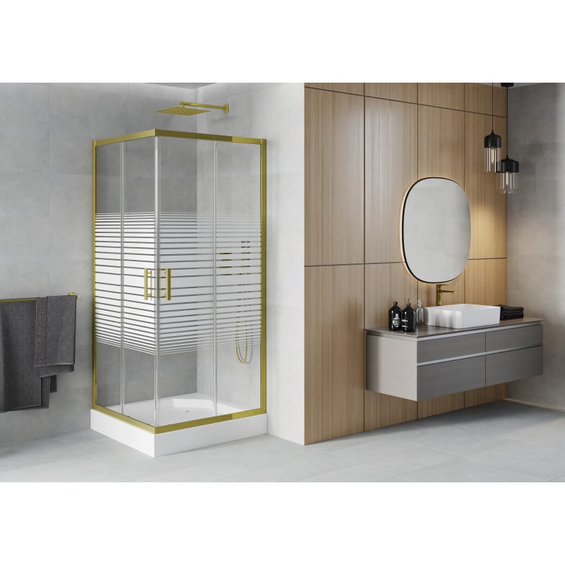 Mexen Rio quadratische Duschkabine 90 x 90 cm, weiße Streifen, gold + Duschwanne, weiß - 860-090-090-50-20-4510