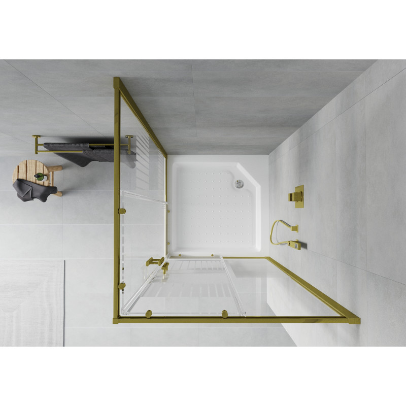 Mexen Rio quadratische Duschkabine 90 x 90 cm, weiße Streifen, gold + Duschwanne, weiß - 860-090-090-50-20-4510