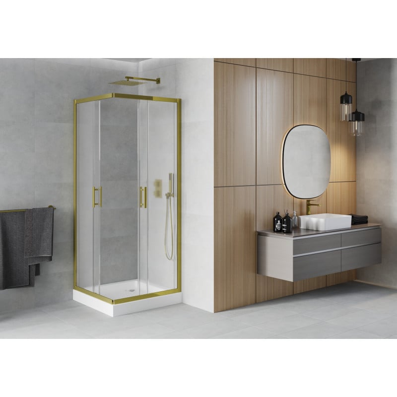 Mexen Rio Duschkabine quadratisch 80 x 80 cm, matt, gold + Rio Duschwanne, weiß - 860-080-080-50-30-4510