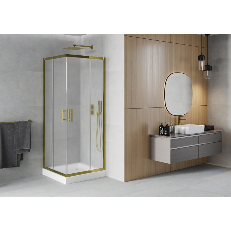 Mexen Rio Duschkabine quadratisch 80 x 80 cm, matt, gold + Rio Duschwanne, weiß - 860-080-080-50-30-4510