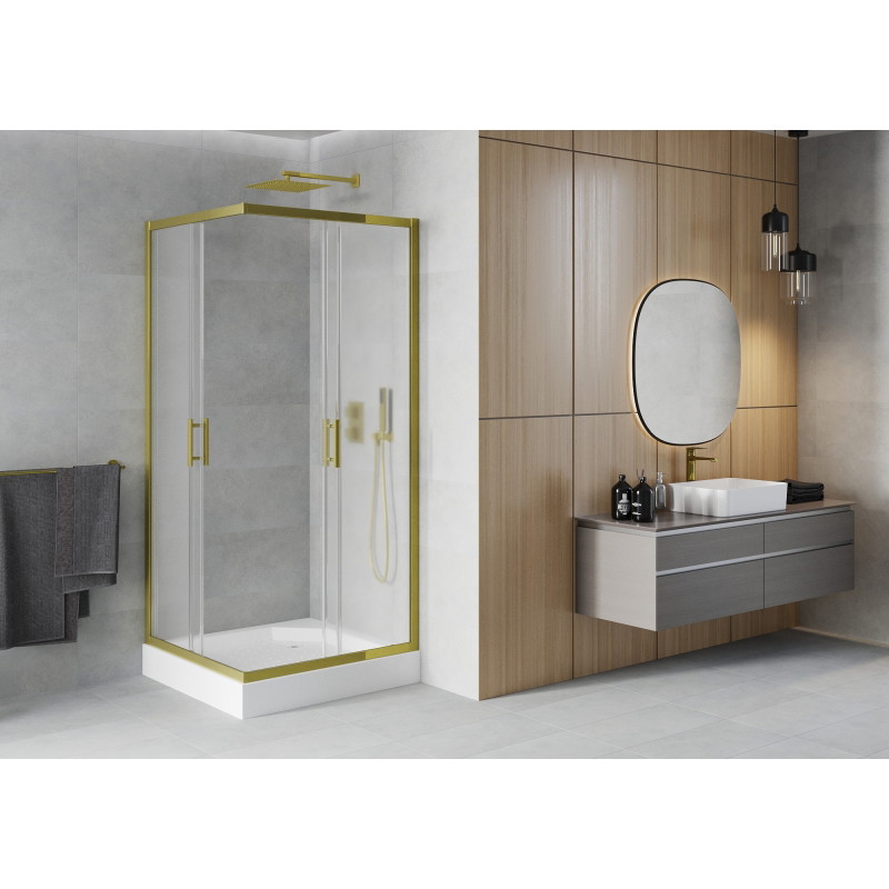 Mexen Rio quadratische Duschkabine 90 x 90 cm, Frost, Gold + Duschwanne, Weiß - 860-090-090-50-30-4510