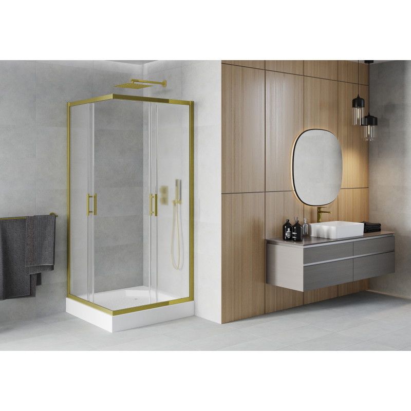 Mexen Rio quadratische Duschkabine 90 x 90 cm, satiniert, gold + Duschwanne, weiß - 860-090-090-50-30-4510