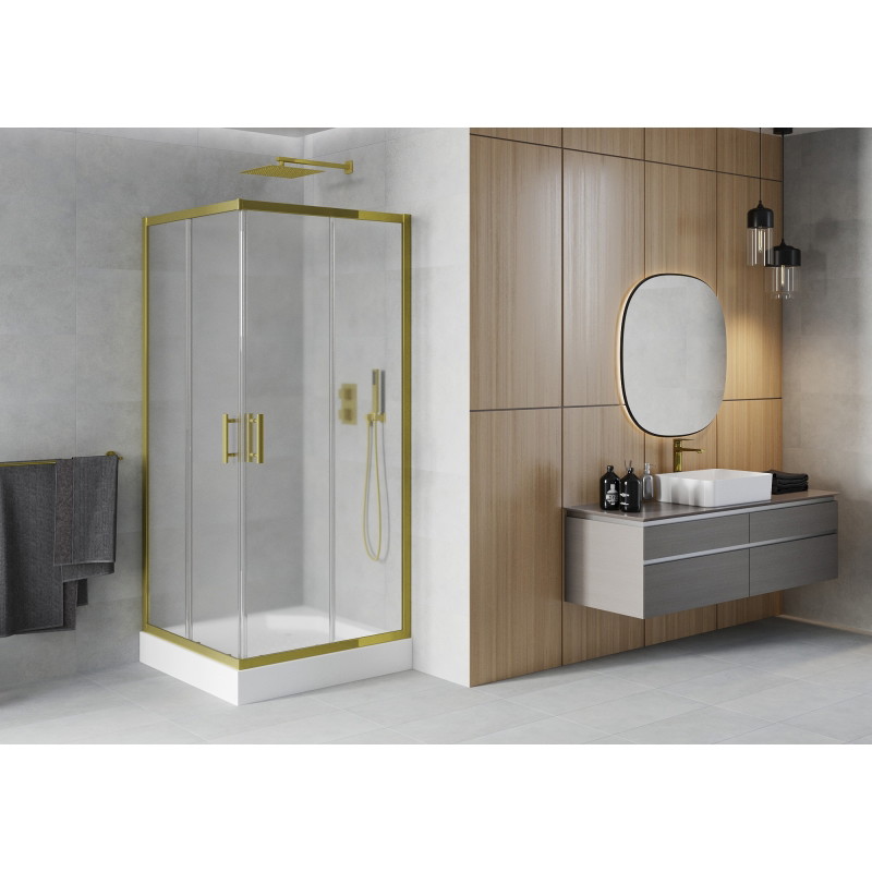 Mexen Rio quadratische Duschkabine 90 x 90 cm, Frost, Gold + Duschwanne, Weiß - 860-090-090-50-30-4510