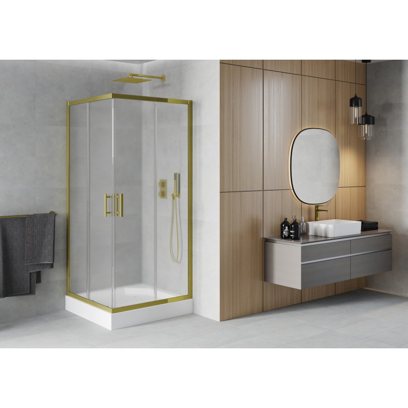Mexen Rio quadratische Duschkabine 90 x 90 cm, satiniert, gold + Rio Duschwanne, weiß - 860-090-090-50-30-4510