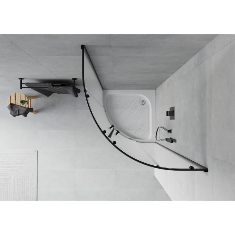 Mexen Rio Duschkabine halbrund 90 x 90 cm, Milchglas, schwarz + Rio Duschwanne, weiß - 863-090-090-70-30-4710