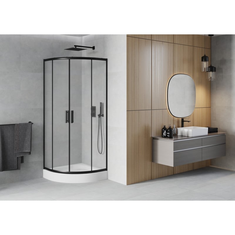 Mexen Rio Duschkabine halbrund 90 x 90 cm, Milchglas, schwarz + Rio Duschwanne, weiß - 863-090-090-70-30-4710